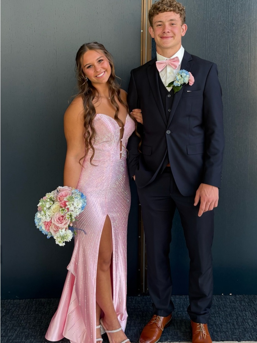 Sherri Hill Pink Beaded Strapless Prom Gown with Thigh Slit